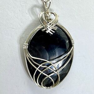 Black Chrome Onyx and Sterling Silver Celtic Wire Wrapped Necklace